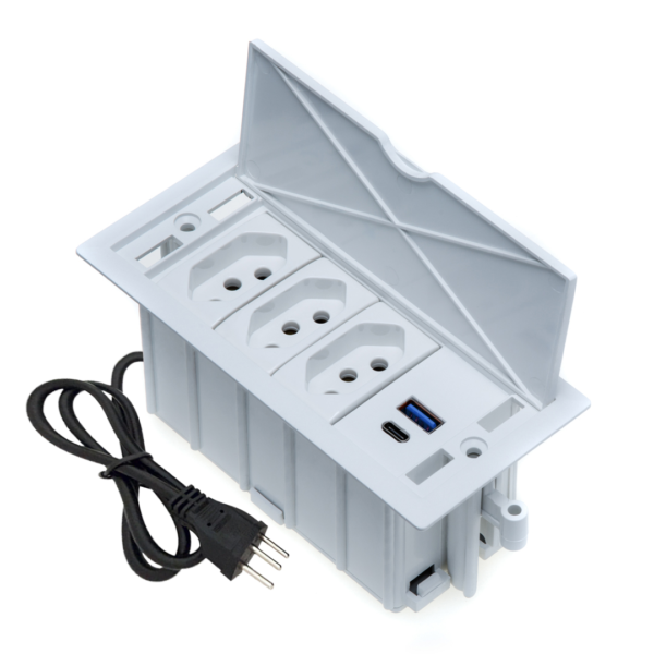 Caixa De Tomada 4 Blocos 3 Tomadas 20A 2 USB 9.0A 1 Tipo C