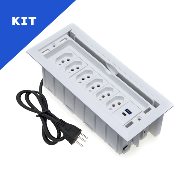 Kit 2 Caixas De Tomadas 7 Blocos 6 Tomadas 10A 2 USB (1 Tipo C)