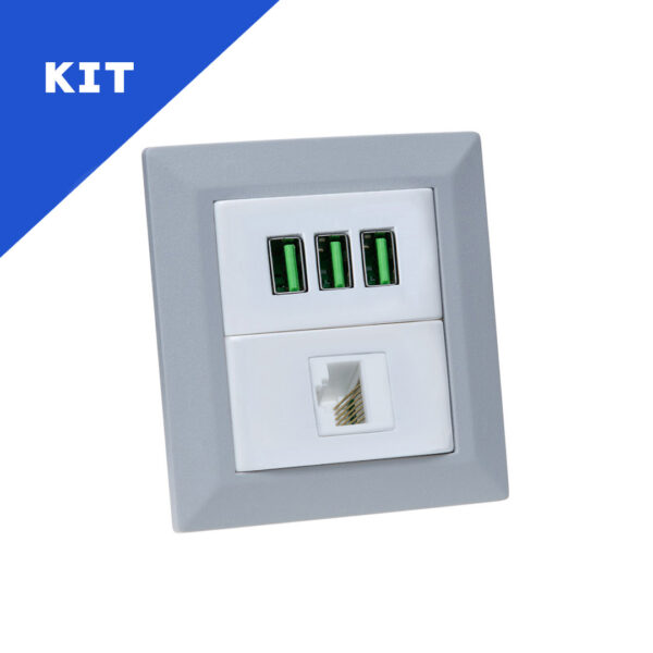 Kit Espelhos de Tomadas Duplo Chanfrado 3 USB 5.2A 1 RJ-45