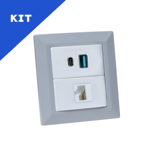 Kit Espelhos de Tomadas Duplo Chanfrado 2 USB 9.0A 1 RJ-45